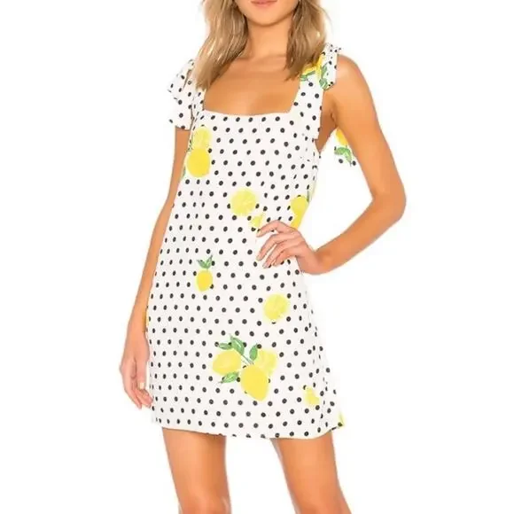 Lovers + Friends Womens Jen Dress Size M Lemon Polka Dot Shift Revolve White NWT - Picture 1 of 10